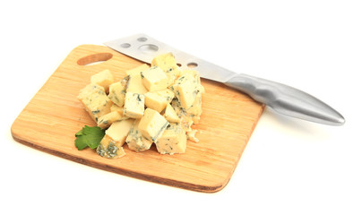 Tasty blue cheese on cutting board, isolated on white