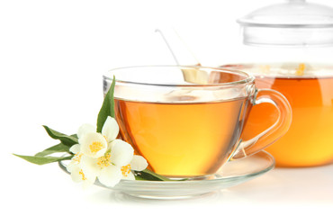 Cup of tea with jasmine, isolated on white