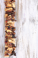 Dried mushrooms on wooden background