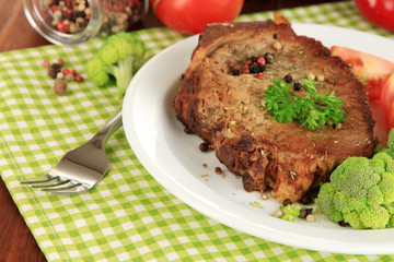 Piece of fried meat on plate close-up