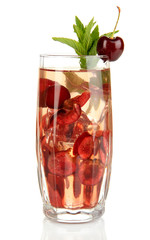 Glass of fruit drink with ice cubes isolated on white
