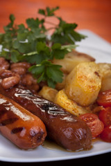 Baked beans, sausage and potato