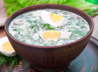 Cold vegetable kefir soup with eggs and greens