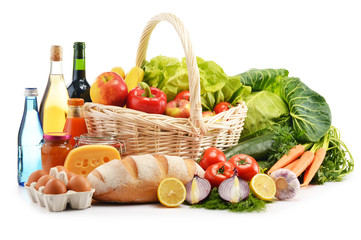 Composition with assorted grocery products isolated on white