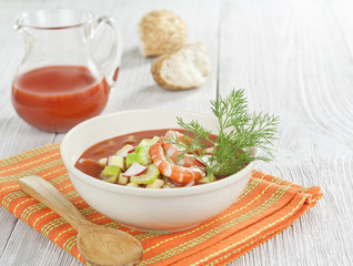 Cold soup with shrimp, vegetables and tomato juice
