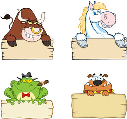 Different Animals With Wood Sign. Collection