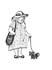 old-fashioned lady with a dog