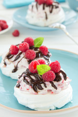 Meringue with raspberry cream, raspberry and chocolate.