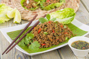 Larb - Lao minced beef salad with ground toasted rice.