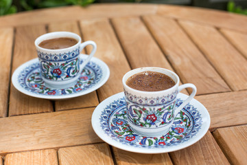 Traditional fresh turkish coffee on wooden table