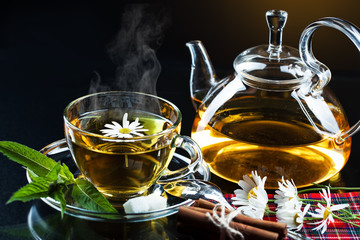 Cup with green tea and green leaves.