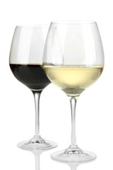 Two glasses of  red and white wine, isolated on white