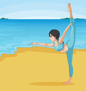 A girl stretching at the beach