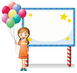 A girl with balloons standing in front of an empty board