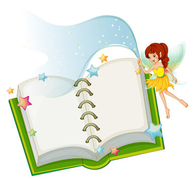 An open book with stars and a fairy