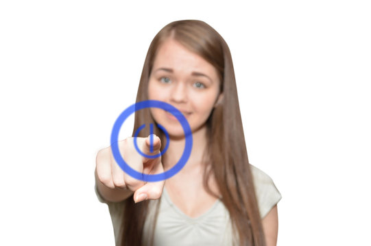 girl presses a virtual button