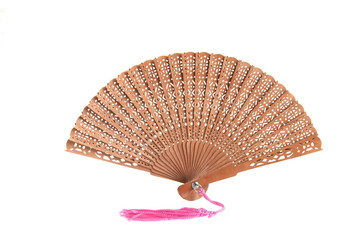 Sandal-wood fan with red hanging silk knot, isolated