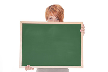 young woman holding a chalkboard
