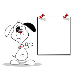 A sad cartoon dog pointing to a blank poster with copy space