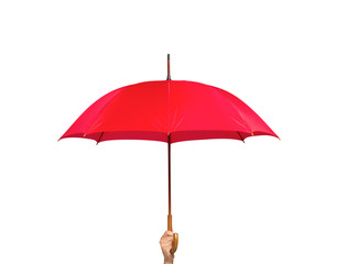 Red umbrella in hand isolated on white