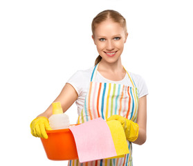 happy young housewife in glove isolated on white