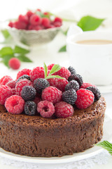 Chocolate mousse cake with raspberries.