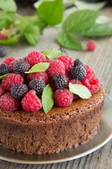 Chocolate mousse cake with raspberries.