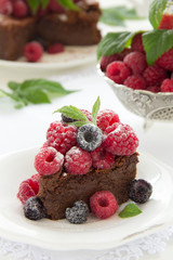 Chocolate mousse cake with raspberries.