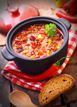 Pot of hot and spicy Mexican chili