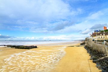 Arromanches, Normandy, France. Beach and artificial harbor