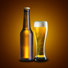 Bottle and glass of beer on yellow background
