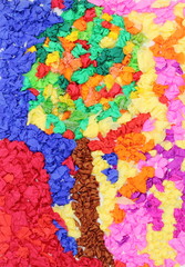 Colorful tree with crape paper made by a child