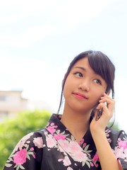 Kimono girl and smart phone
