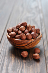 Hazelnut in a wooden bowl
