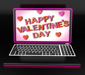 Happy Valentine's Day On Laptop Showing Celebrating Love