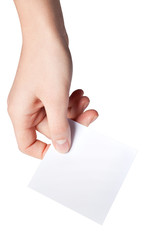 Obraz premium Hand of women holding blank paper label