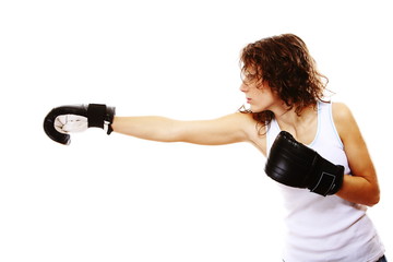 Fit woman boxing - isolated over white