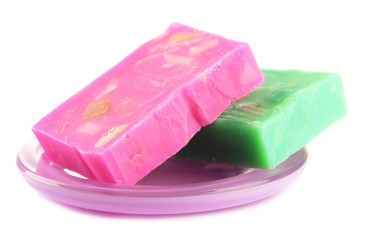 Soap-dish with natural handmade soap, isolated on white