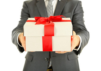 Young businessman present gift box, isolated on white