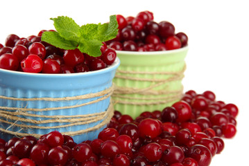 Ripe red cranberries in bowls, isolated on white.