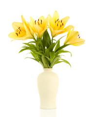 Beautiful orange lilies in vase, isolated on white