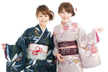 Beautiful japanese kimono women isolated on white background - obrazy, fototapety, plakaty