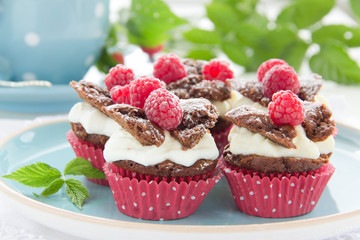 Chocolate muffins with raspberries and cream.