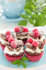 Chocolate muffins with raspberries and cream.