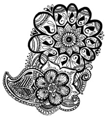 Indian pattern with black swirls on a white background.