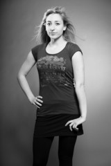 Fashion beauty studio portrait of pretty girl with long blonde h