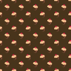 Seamless vector pattern muffin cupcakes on brown background