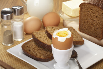 Breakfast with wholemeal bread, boiled egg and milk