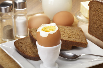 Breakfast with wholemeal bread, boiled egg and milk