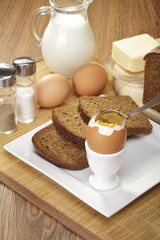 Breakfast with wholemeal bread, boiled egg and milk